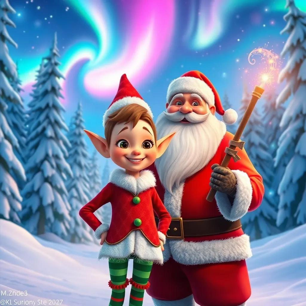 A cheerful elf named Tinsel with short, pointed ears and a big smile, wearing a red and green outfit, standing in the snowy Forest of the North Pole with Santa Claus, who has a long white beard and a red suit, holding a glowing wand, colorful northern lights above, magical atmosphere, digital art, vibrant colors, enchanting scene, high quality