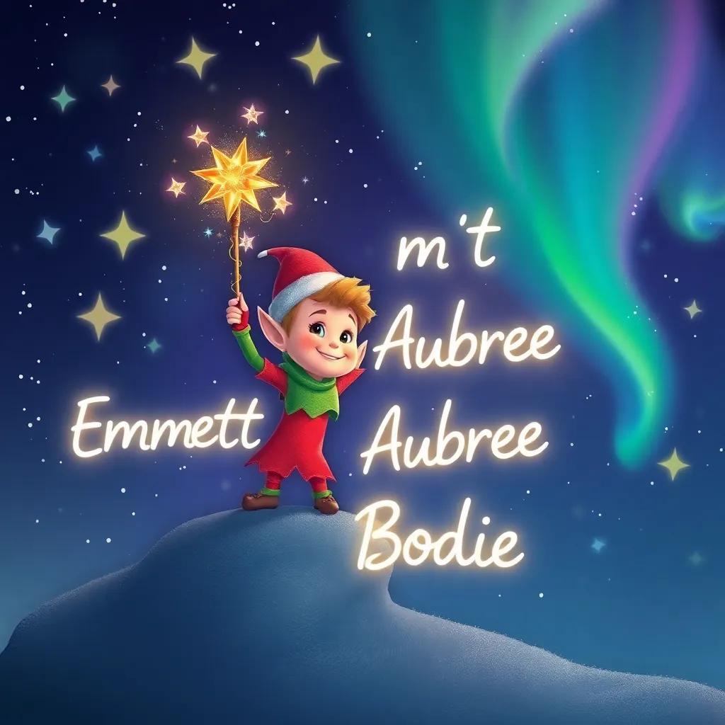 Tinsel the elf happily writing in the stars with a glowing wand, the names Emmett, Aubree, Bodie shining brightly in the night sky, surrounded by twinkling stars and colorful northern lights, joyful and bright, illustration, child-friendly, high quality