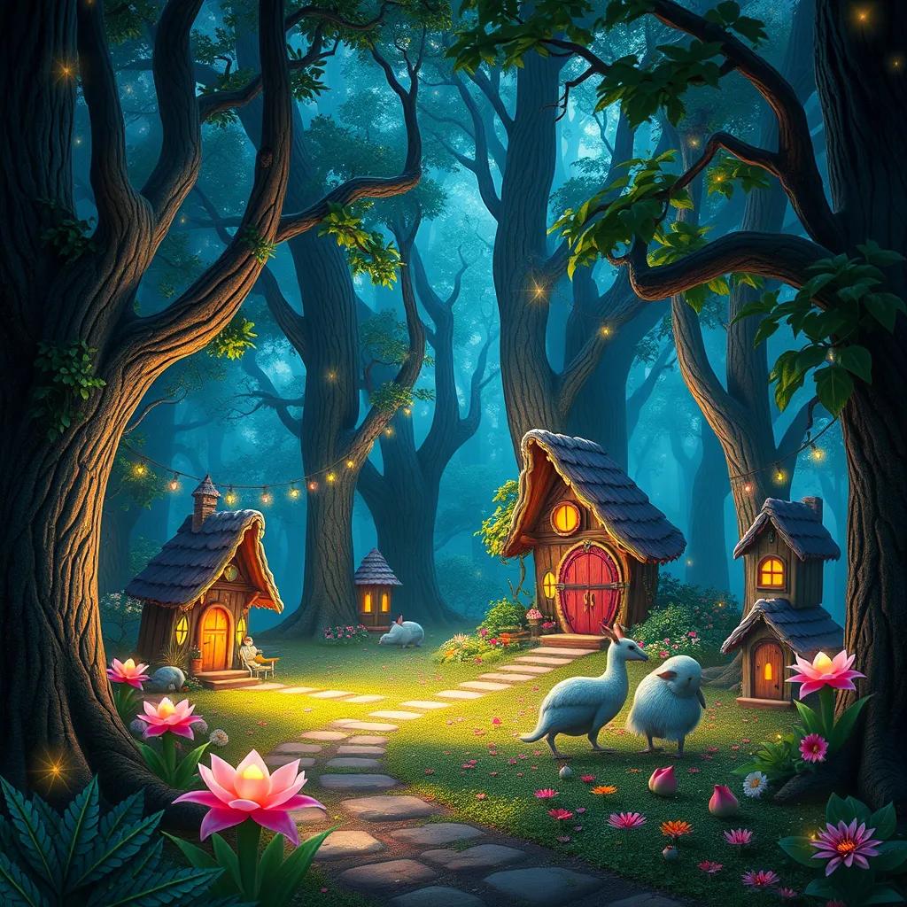 An enchanted forest with sparkling lights and flower-petal homes, elves dancing among the trees, vibrant colors, fantasy art, magical atmosphere, high quality