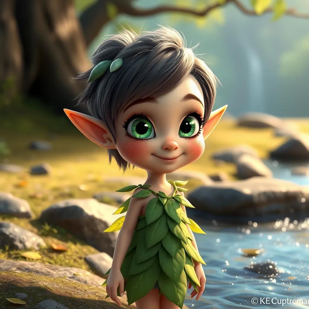 A curious elf named Lila with glittering green eyes, wearing a dress of leaves, standing at the edge of a sparkling stream, whimsical art, cheerful scene, bright colors