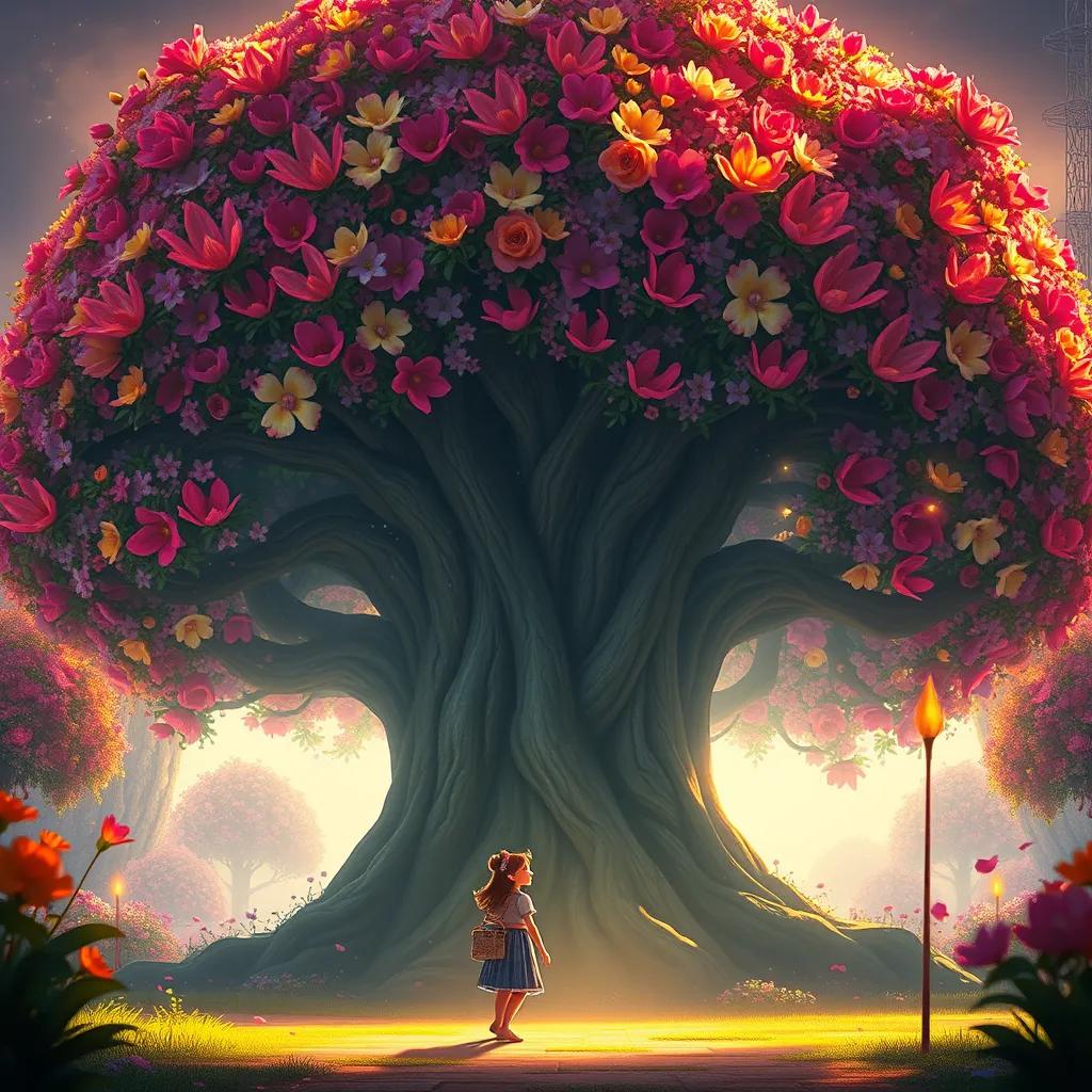 A huge Legendary Tree covered in colorful flowers, with Lila and Nutty standing in front, glowing and magical, fantasy scene, warm light, inviting atmosphere