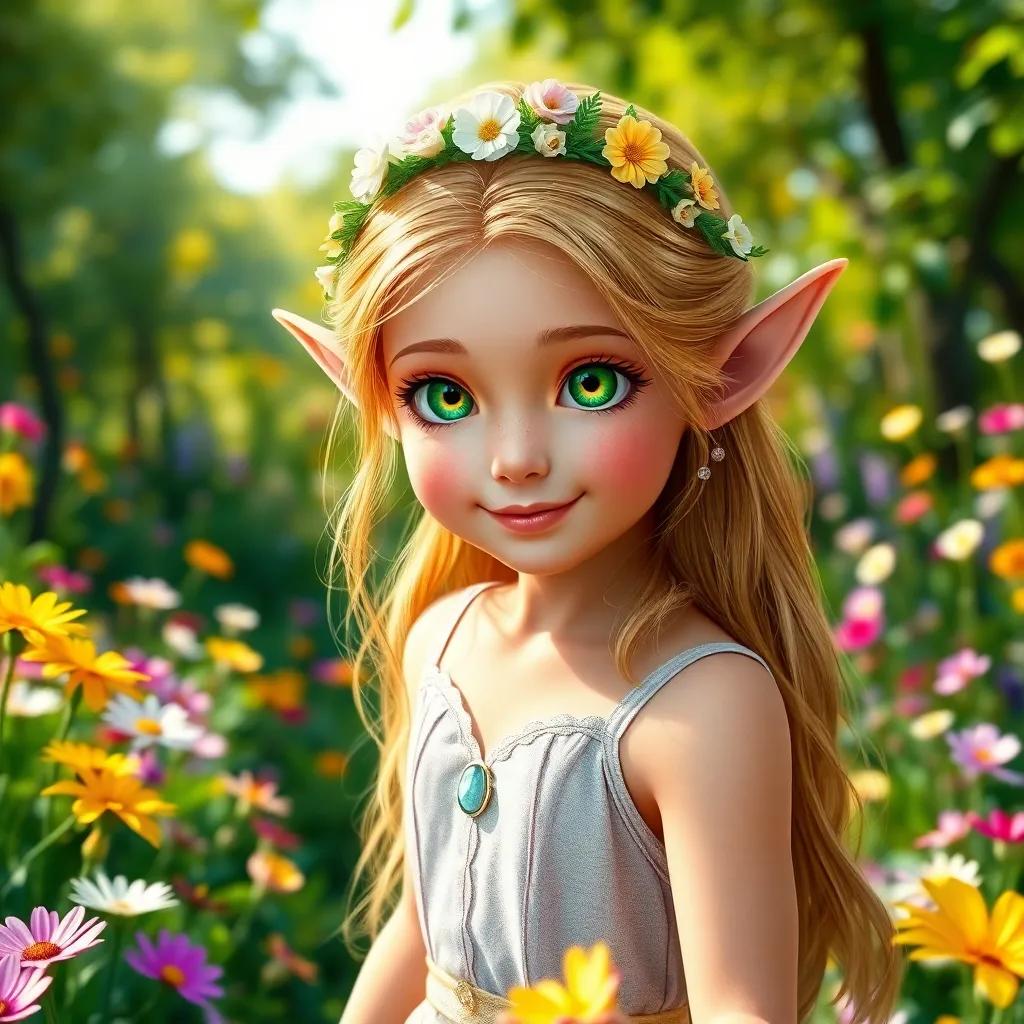A young elf princess, Lyra, with bright green eyes, long shiny hair wearing a delicate flower crown, dancing among colorful flowers in a sunlit glade, digital art, vibrant colors, joyful atmosphere, enchanting perspective, high quality