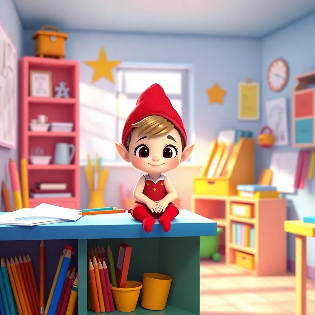 A small elf named Sparkle, with twinkling eyes and a red cap, sitting on a colorful shelf in a bright classroom filled with drawings and pencils, digital art, cheerful atmosphere, vibrant colors, high quality