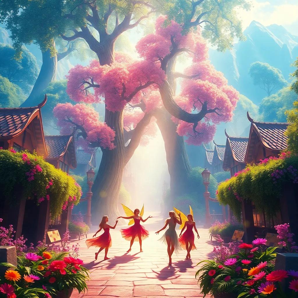 A magical elven city called Luminara, with elves dancing joyfully through the streets, sunlight filtering through trees, colorful flowers swaying, detailed digital art, bright and inviting colors, enchanting atmosphere, high quality