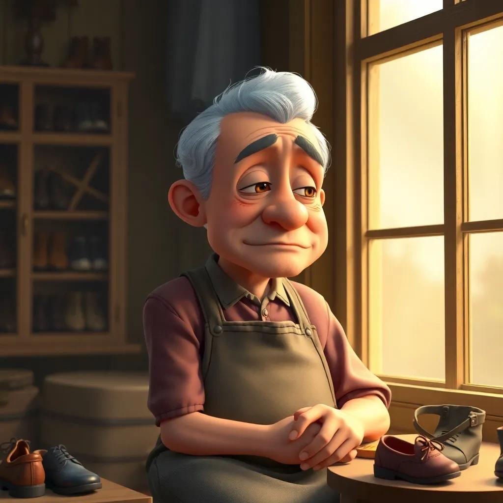 A sad shoemaker, an older man with a gentle face, wearing a simple apron, sitting by a window in his cozy workshop filled with shoes, warm light, soft colors, peaceful atmosphere, digital art, child-friendly