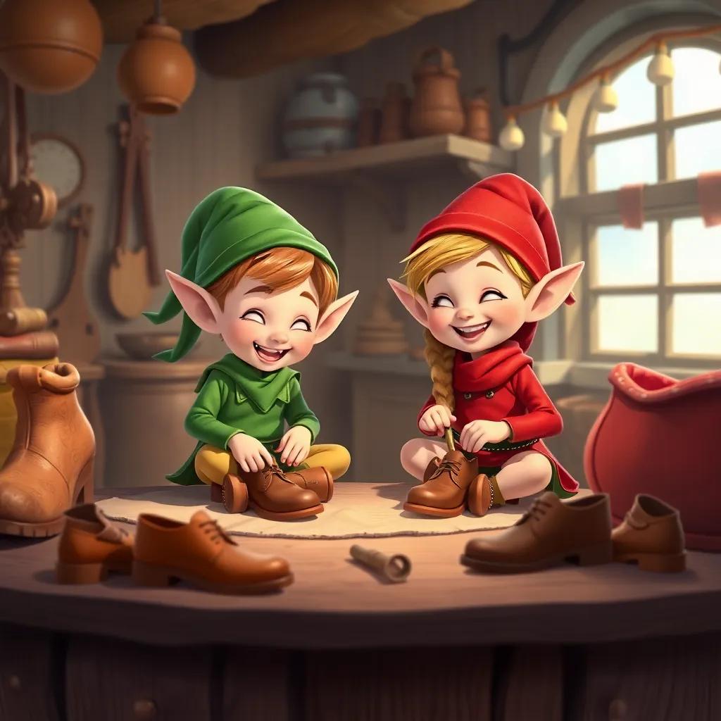 Two tiny elves, one with green clothes and the other in red, happily crafting shoes in a cozy workshop with leather pieces around, bright colors, cheerful ambiance, magical, whimsical style, illustration, high quality
