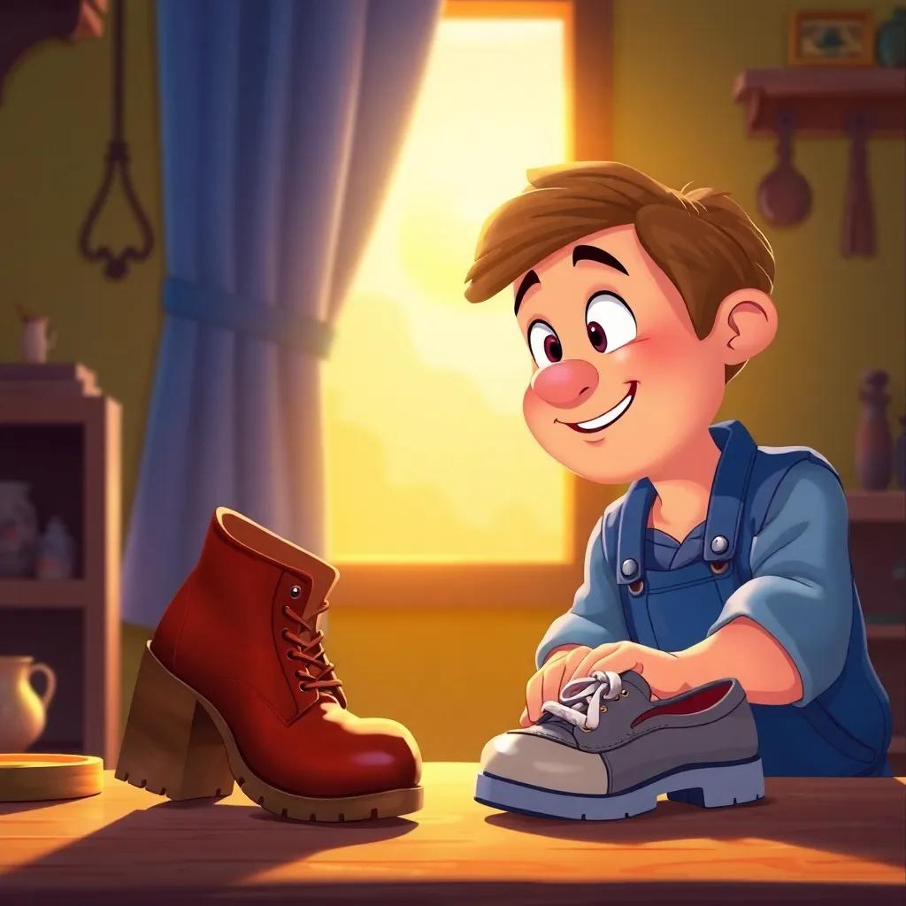 The shoemaker waking up surprised, looking at the beautiful shiny shoes before him, the sun shining through the window, bright colors, happy expression, warm and inviting atmosphere, digital art, child-friendly