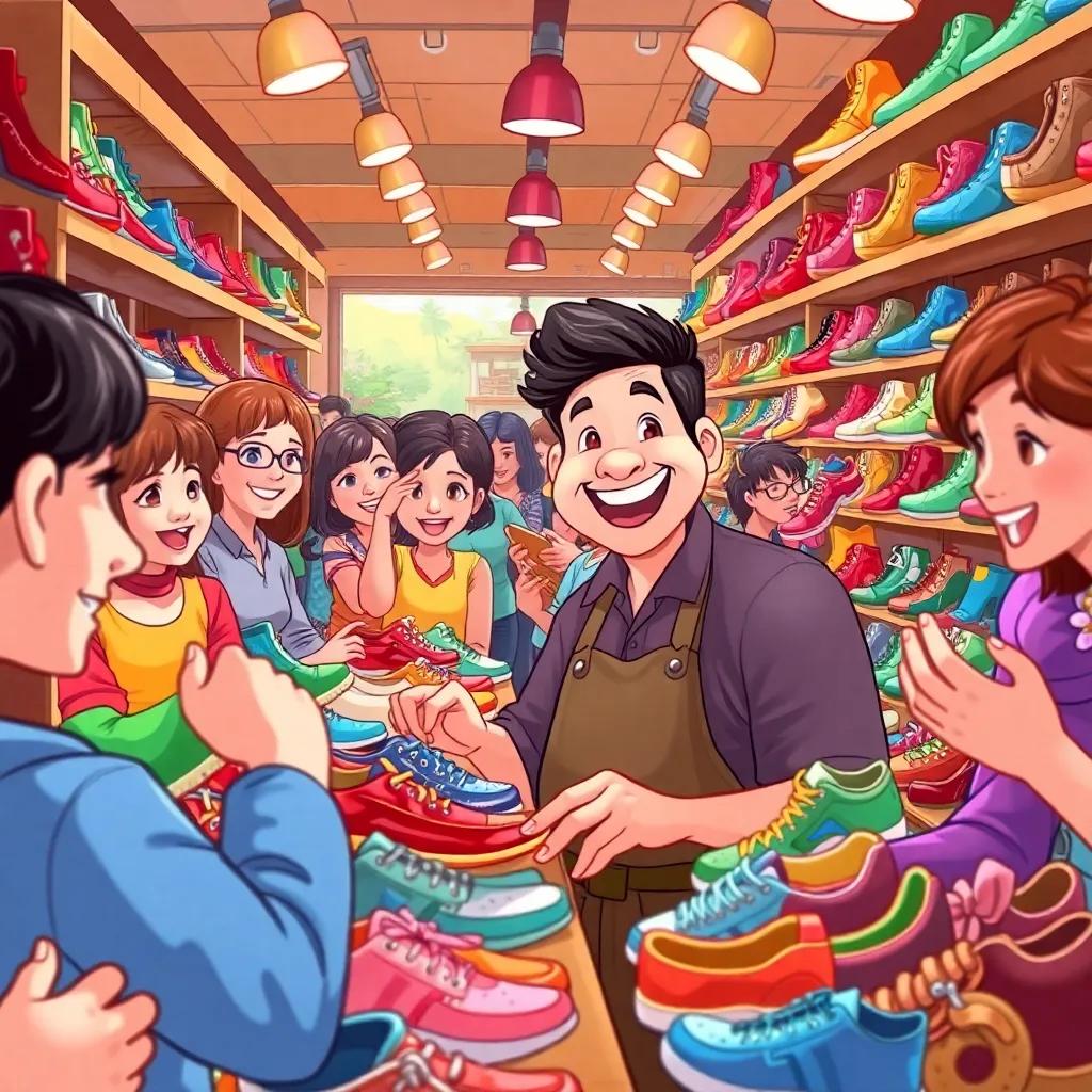 A busy shop filled with happy customers admiring and buying colorful shoes, the shoemaker smiling widely, joy and excitement in the air, bright colors, bustling atmosphere, illustration, high quality