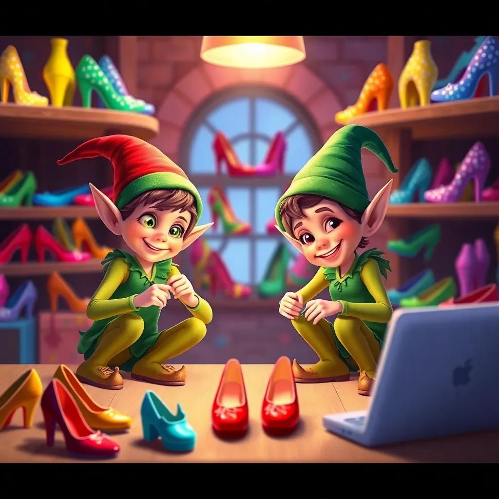 The elves working quickly, with a backdrop of beautiful shoes they made together, colorful and shiny creations, playful atmosphere, vibrant colors, joyful mood, illustration, high quality