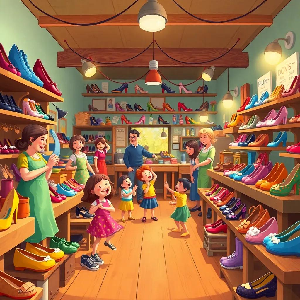 A busy workshop, showcasing a variety of beautiful shoes, each pair unique, filled with happy customers and children dancing around, bright colors, festive atmosphere, child-friendly illustration, high quality
