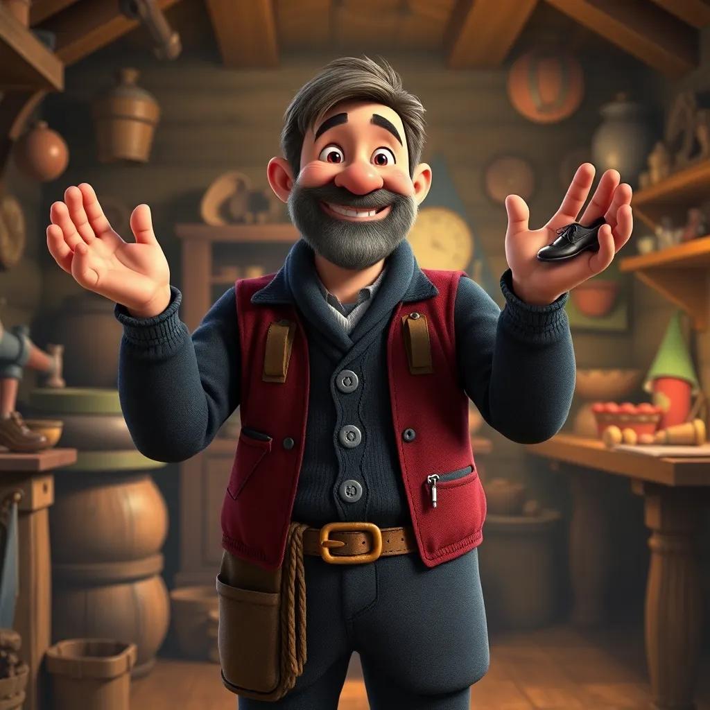 The shoemaker, standing proudly, presenting tiny shoes he made for the elves, an expression of pride and excitement, in a warm cozy workshop, joyful atmosphere, rich colors, digital art, child-friendly