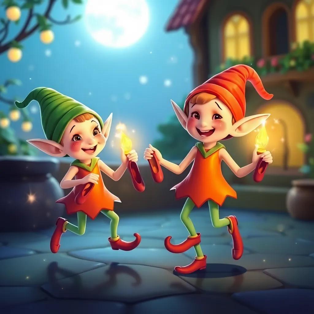 The elves dancing joyfully holding tiny shoes that the shoemaker made for them, twinkling with happiness, in a magical setting with moonlight, colorful and whimsical, illustration, high quality