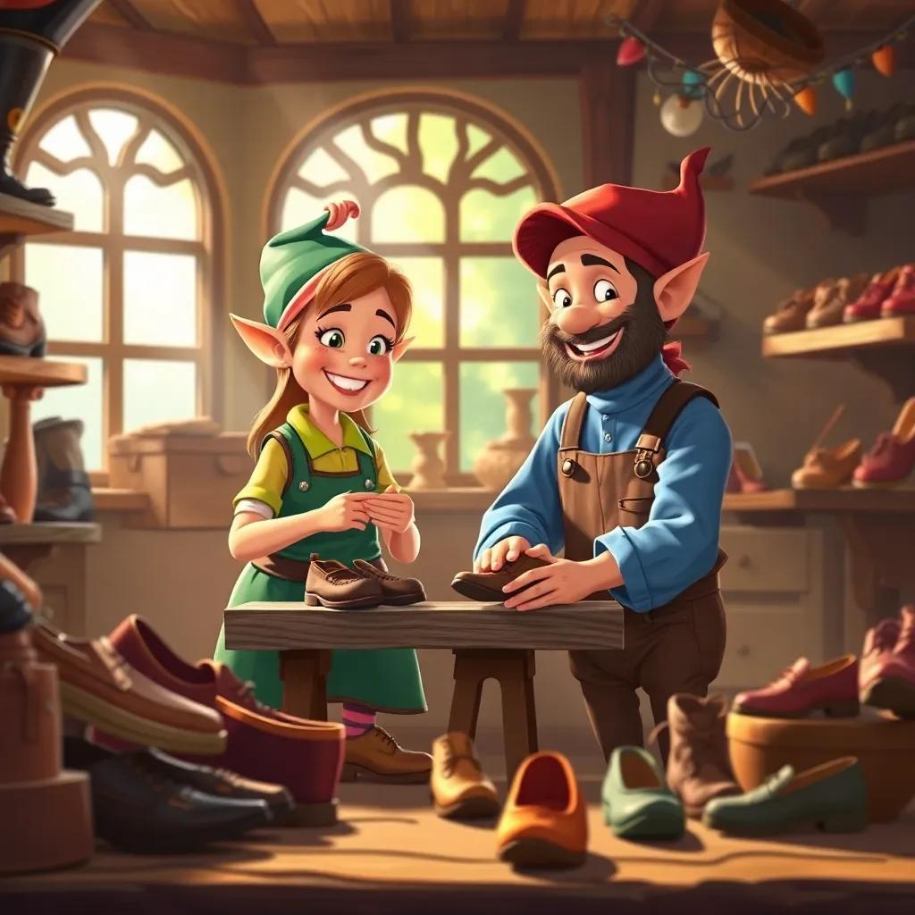 A happy shoemaker and two elves working together in harmony, surrounded by wonderful shoes, as sunlight streams through the workshop window, bright atmosphere, warm colors, joyful scene, digital art, child-friendly