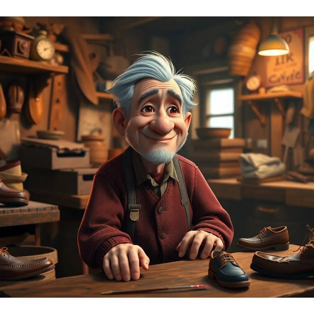 A sad shoemaker named Tom, an older man with a gentle smile, sitting in a small workshop with a cluttered table, surrounded by shoes, digital art, warm colors, cozy atmosphere, heartwarming glow, high quality