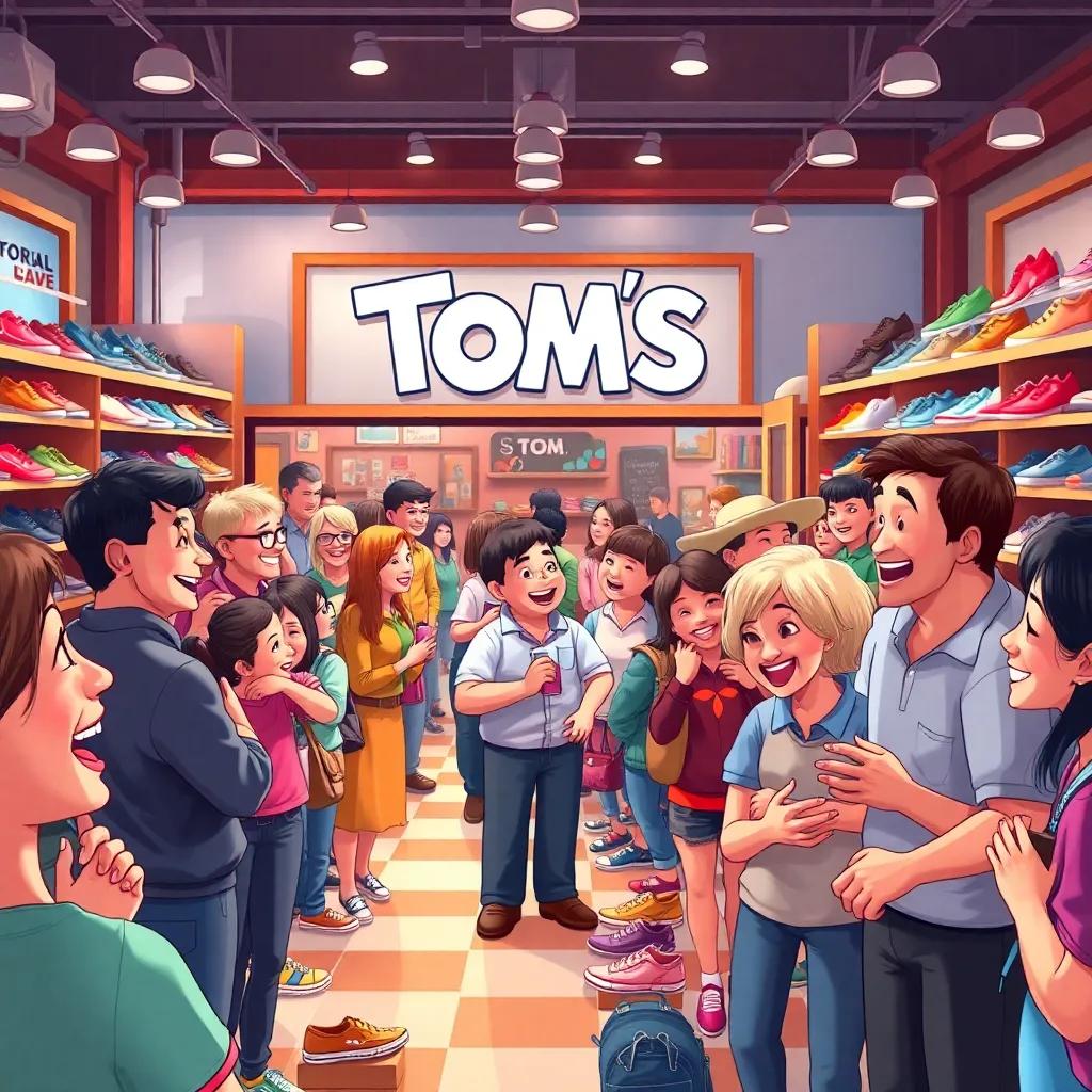 Tom's busy shop with many happy customers admiring and trying on shoes, laughter and smiles all around, digital art, vibrant colors, bustling atmosphere, high quality