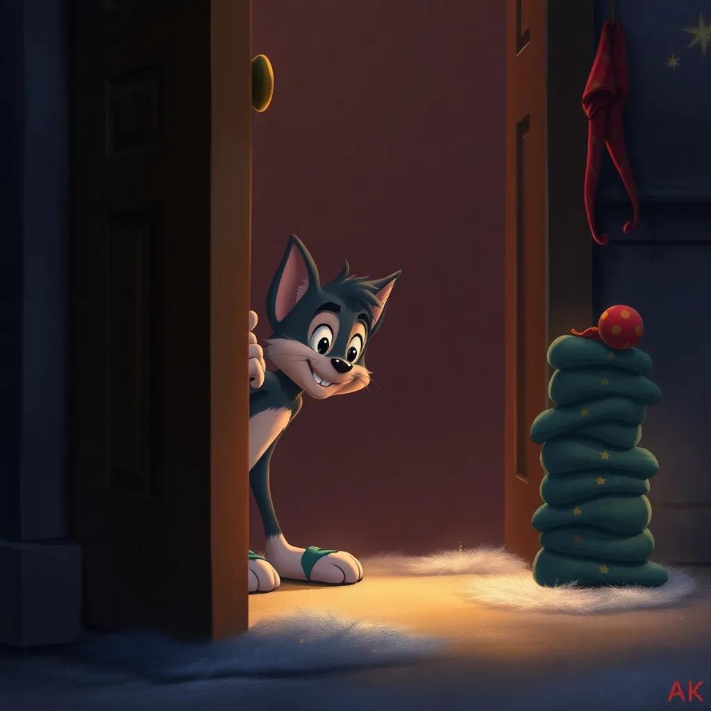 Tom peeking behind a door late at night, watching the elves, with a stack of shoes beside him, a feeling of excitement in the air, digital painting, soft lighting, magical tones, high quality