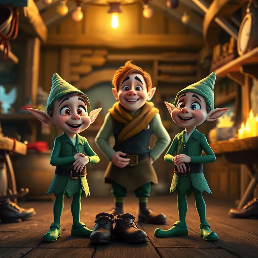 The elves Pip and Nib, startled but smiling, standing in the workshop with Tom, a friendly atmosphere, shoes sparkling around them, digital art, warm glow, joyful feeling, high quality