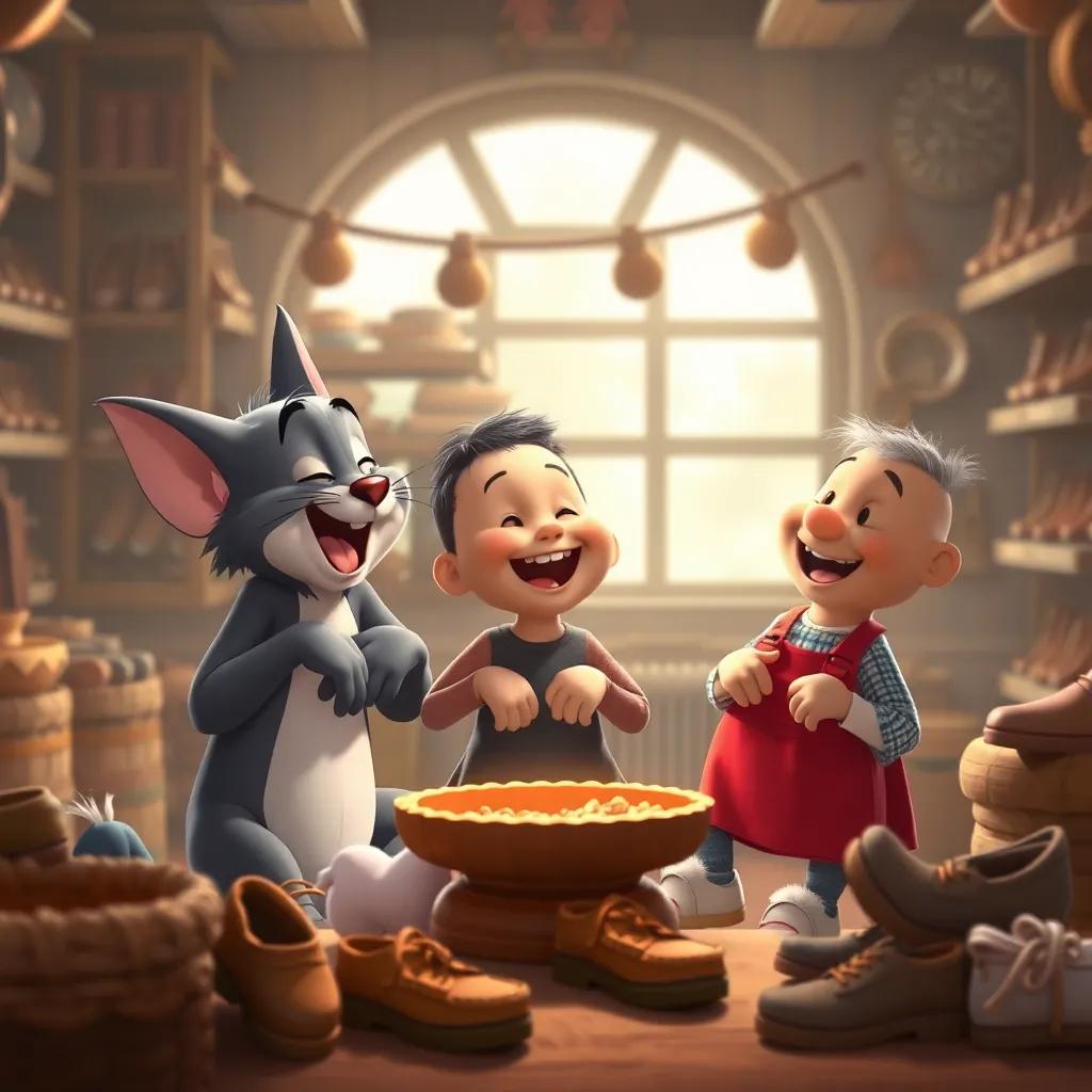 Tom, Pip, and Nib laughing together in the cozy workshop, a feeling of friendship and kindness in the air, shoes all around, digital art, cheerful tones, heartwarming scene, high quality