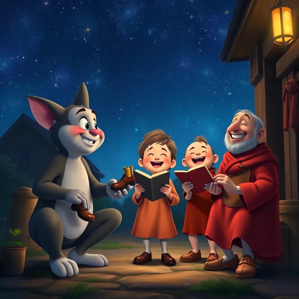 Tom, Pip, and Nib celebrating their friendship under the stars outside the workshop, sharing stories and laughter with shoes in hand, digital painting, night sky, magical atmosphere, high quality