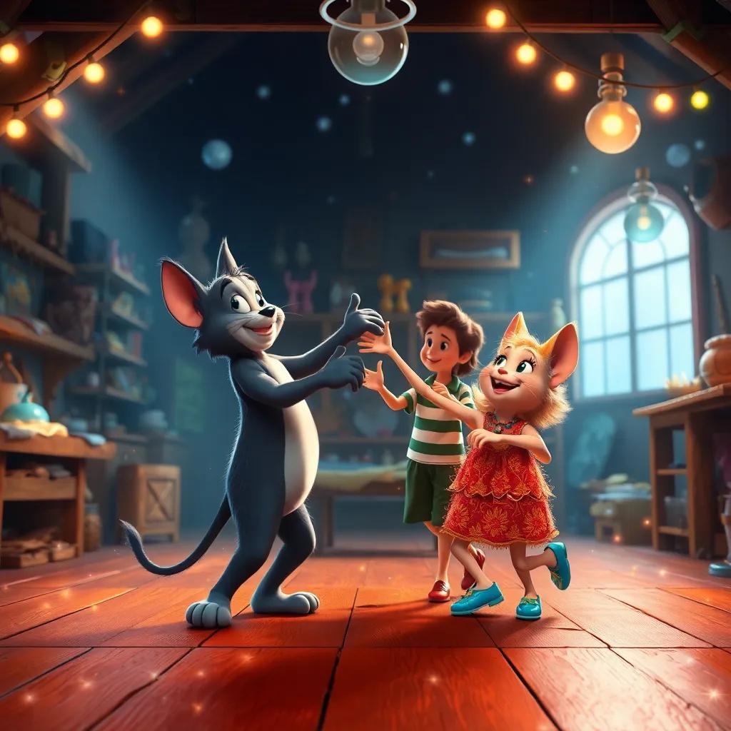 A magical night scene showing Tom, Pip, and Nib dancing together in the workshop, surrounded by sparkling shoes and soft light, conveying joy and creativity, digital art, vibrant, enchanting atmosphere, high quality