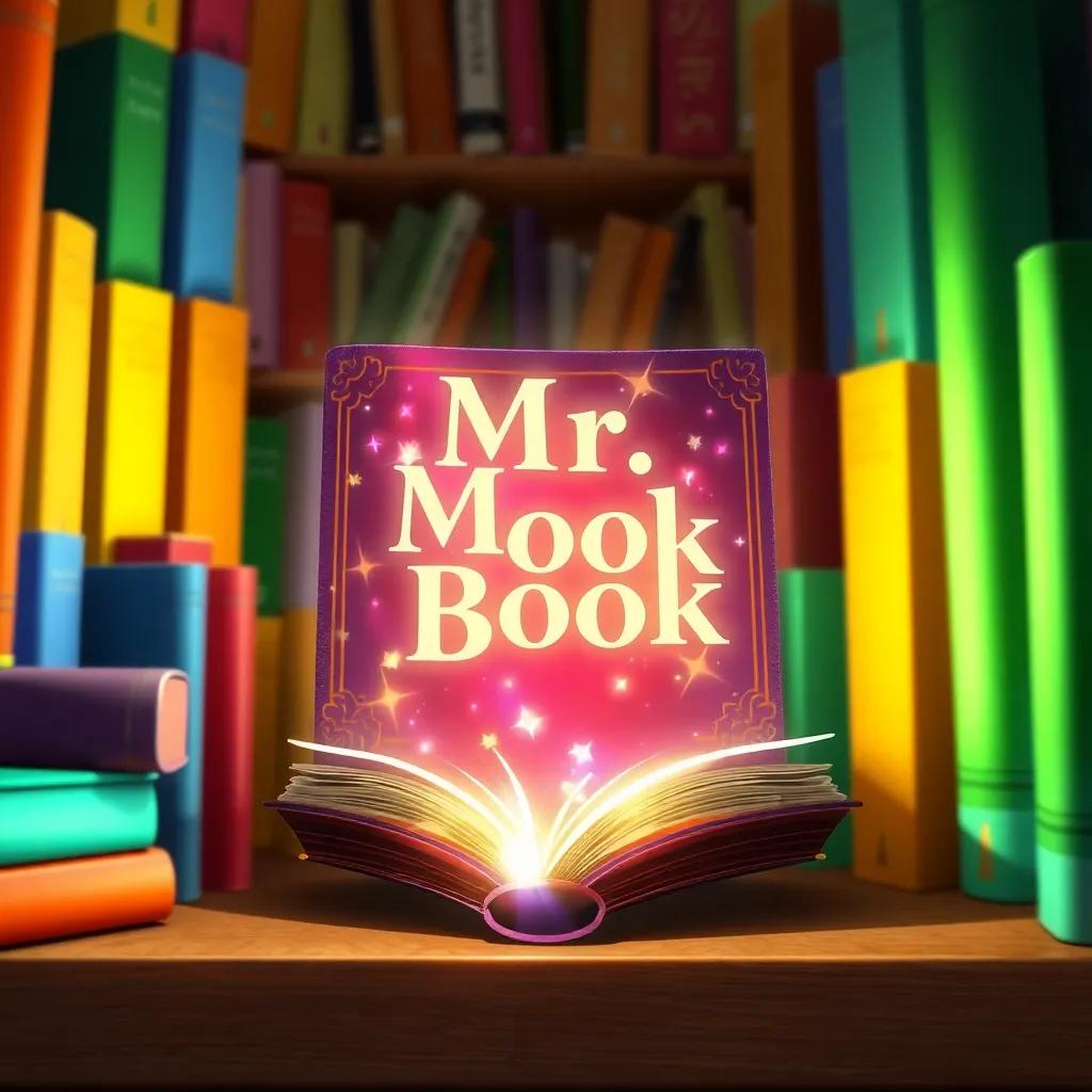A shiny magical book named Mr. Book, glimmering and glowing, sitting on a library shelf surrounded by colorful books, inviting atmosphere, digital art, high quality