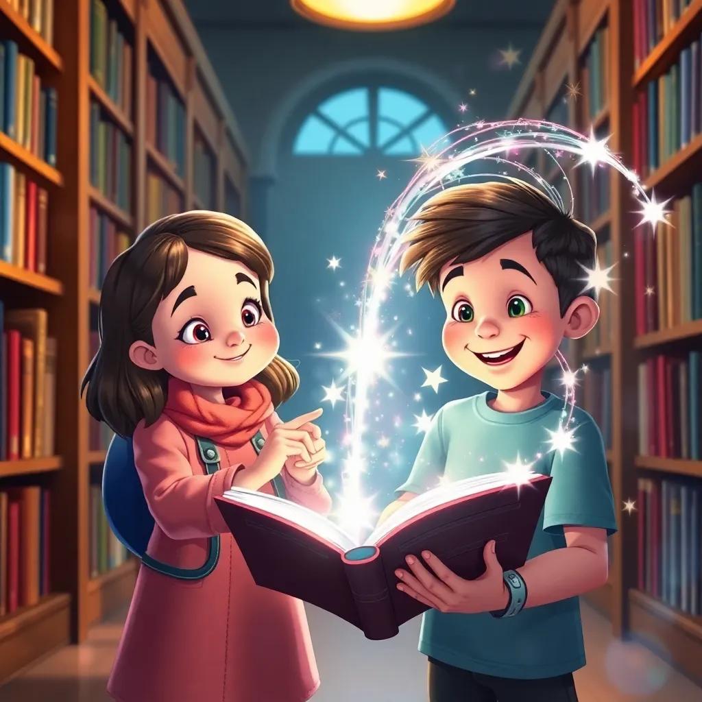 Two children, Lucy and Max, with vibrant smiles, opening the magical book in the library, a bright light swirling around them, sparkly magical glow, fantasy art, cheerful