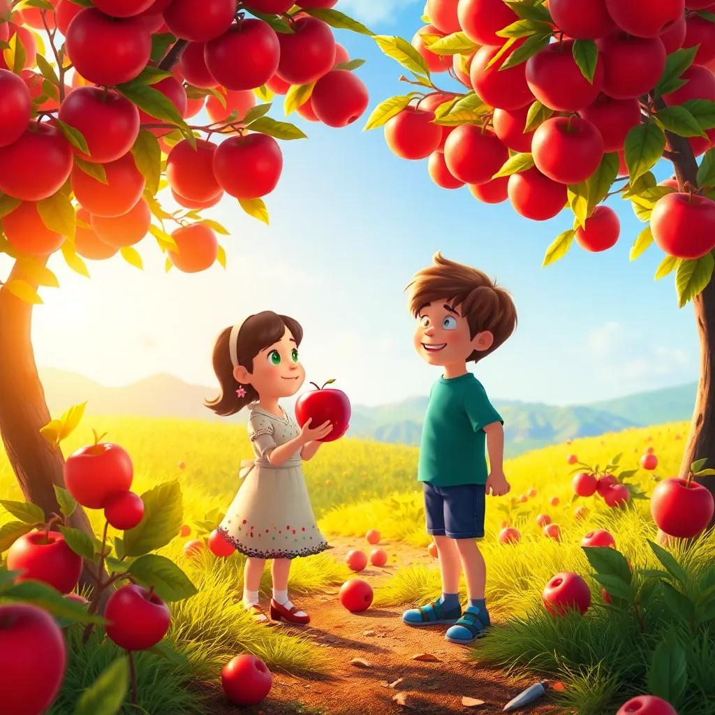The Land of A with vibrant apple trees and bright colors, Lucy picking a big red apple while Max looks on happily, magical scenery, warm light, whimsical style