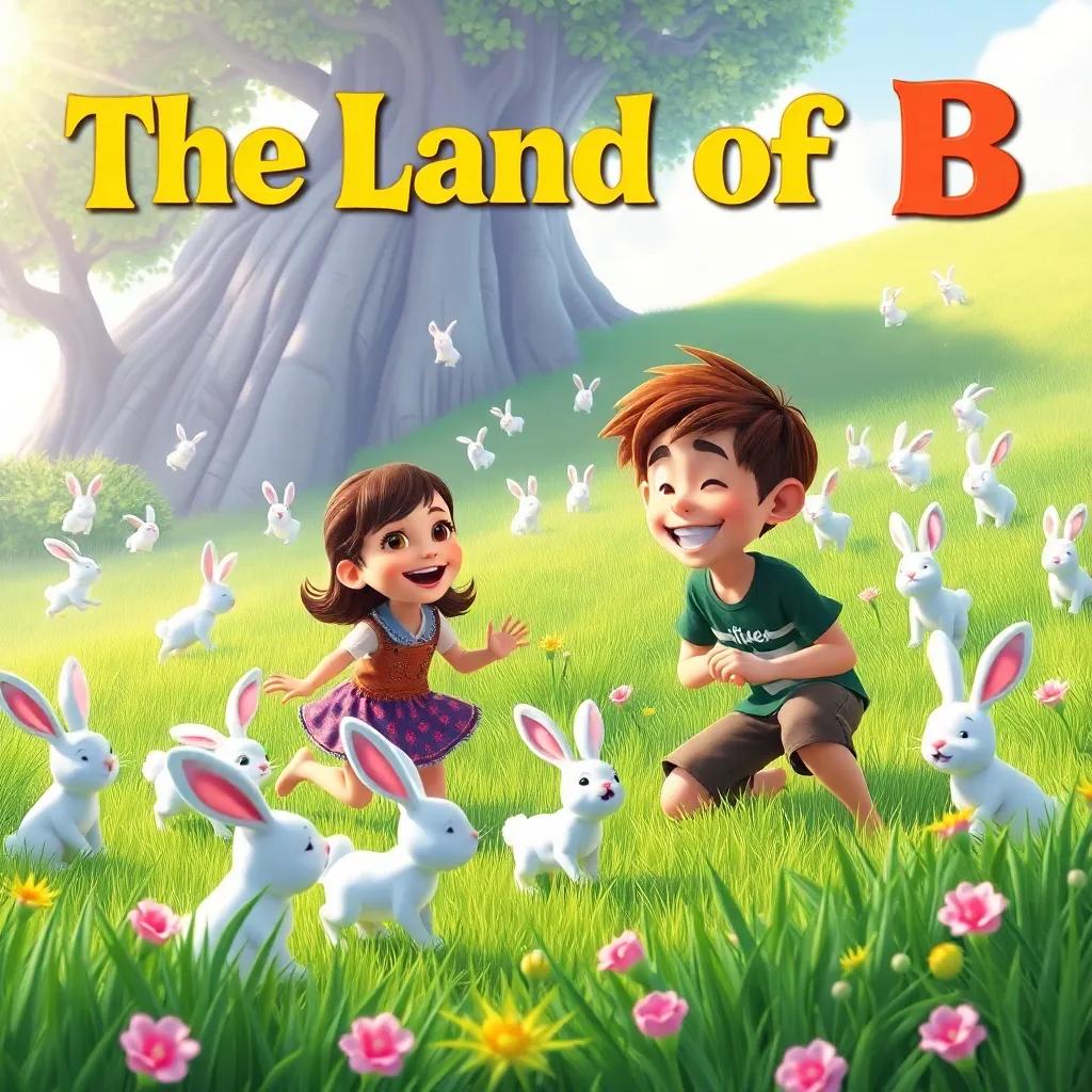 The Land of B with bouncing bunnies and lush green grass, Lucy and Max laughing while trying to catch a bunny, joyful atmosphere, colorful art, high quality