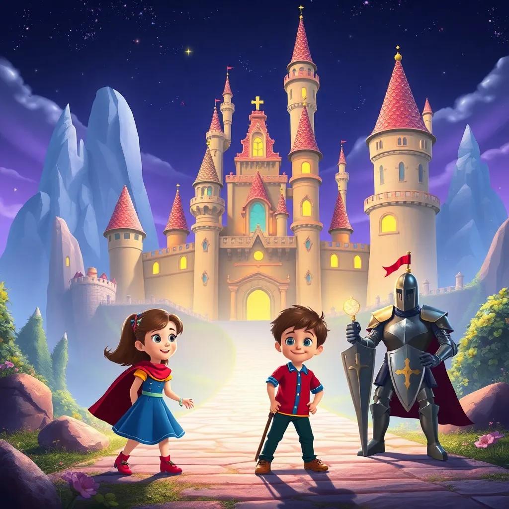 The Land of C with grand sparkling castles in the background, Lucy and Max exploring the castle with a friendly knight, magical setting, bright colors, enchanting style