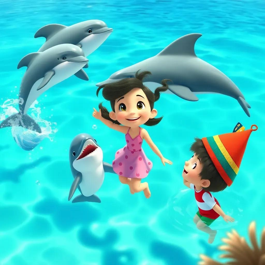 A lively scene in the Land of D, dolphins dancing and splashing in a clear blue ocean, Lucy and Max watching in delight, child-friendly, cheerful colors, tropical theme