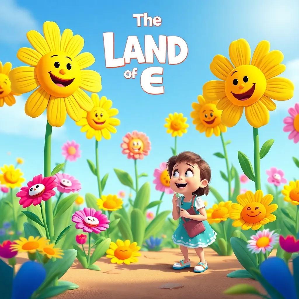 The Land of E with colorful flowers having funny faces, Lucy giggling at the flowers making silly expressions, bright and cheerful atmosphere, digital illustration, inviting