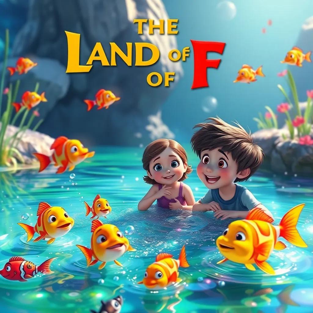 The Land of F with friendly fish swimming in a shimmering pond, Lucy and Max amazed by the colorful fish, joyful scene, bright and vibrant colors, high quality