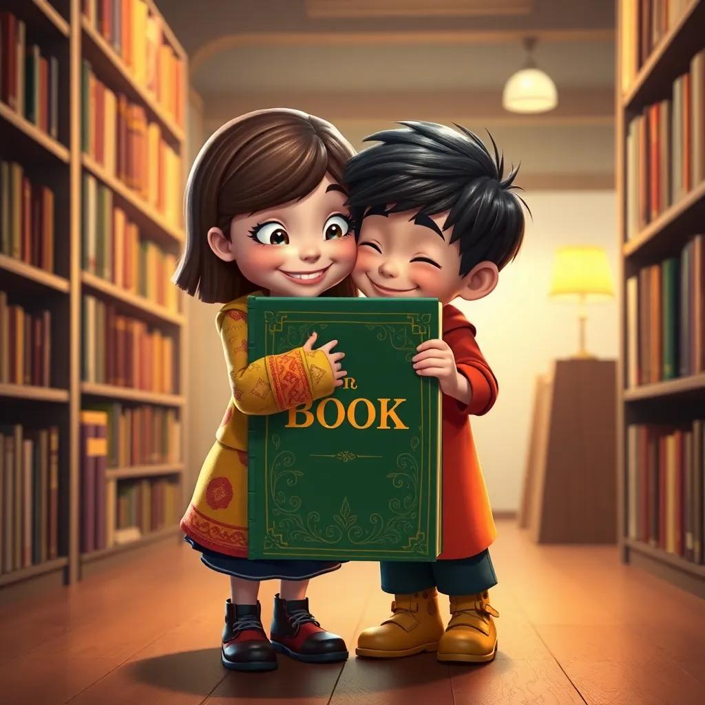 Lucy and Max hugging the magical book Mr. Book in the library, filled with happiness and excitement about their adventure, heartwarming scene, warm lighting, cozy atmosphere