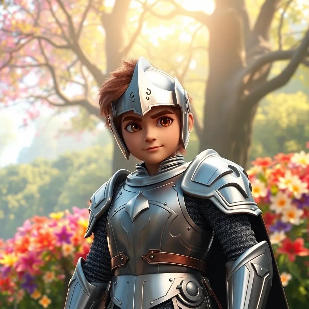 A brave knight named Leo, in shiny silver armor, standing determinedly in front of a mystical forest, filled with colorful blooms and bright sunlight, fantasy, vibrant colors, adventurous atmosphere, high quality
