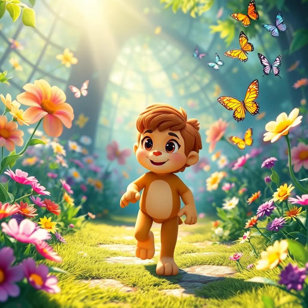 Leo walking through a magical garden with colorful flowers and dancing butterflies, sunlight illuminating the scene, cheerful, wondrous, enchanting scene, high quality