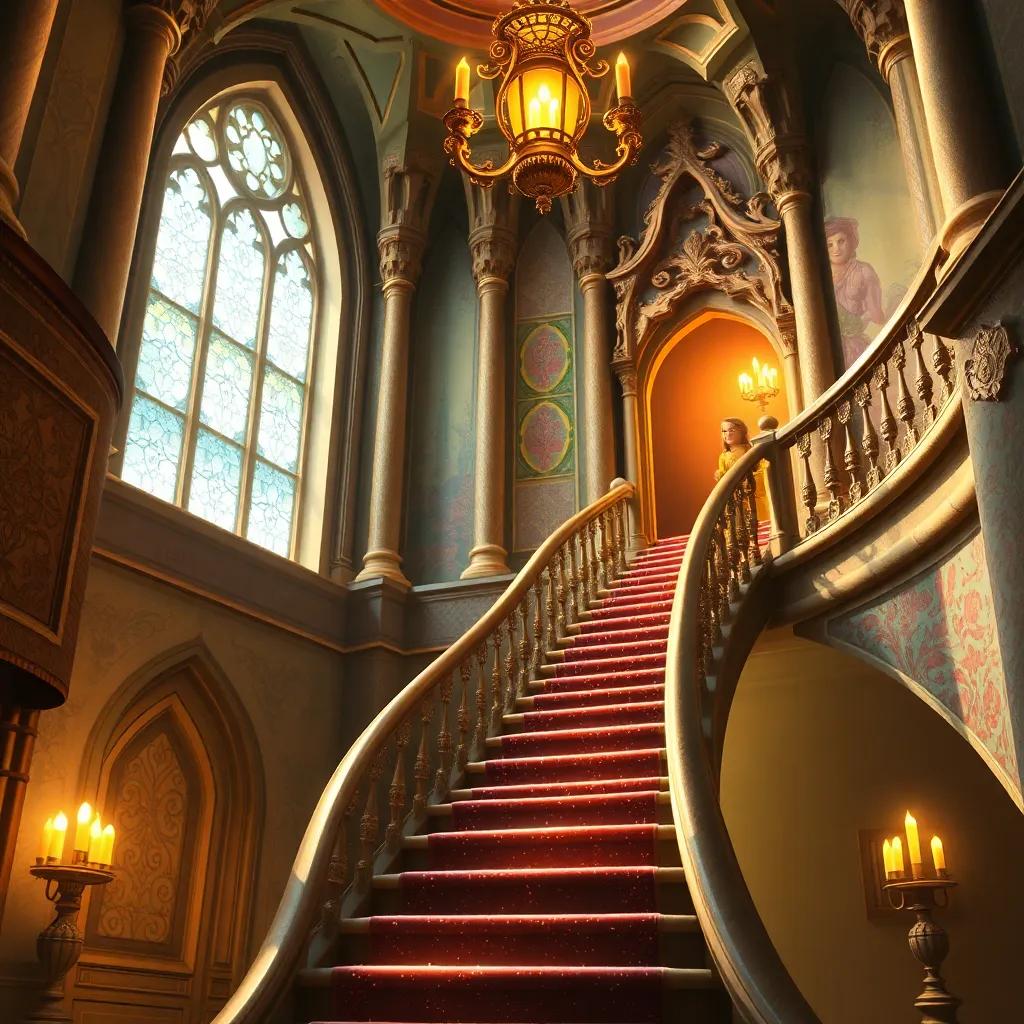 Inside the grand enchanted castle, Leo climbing a sparkling staircase, with walls adorned with colorful tapestries and a soft, golden light, detailed, comforting atmosphere, high quality