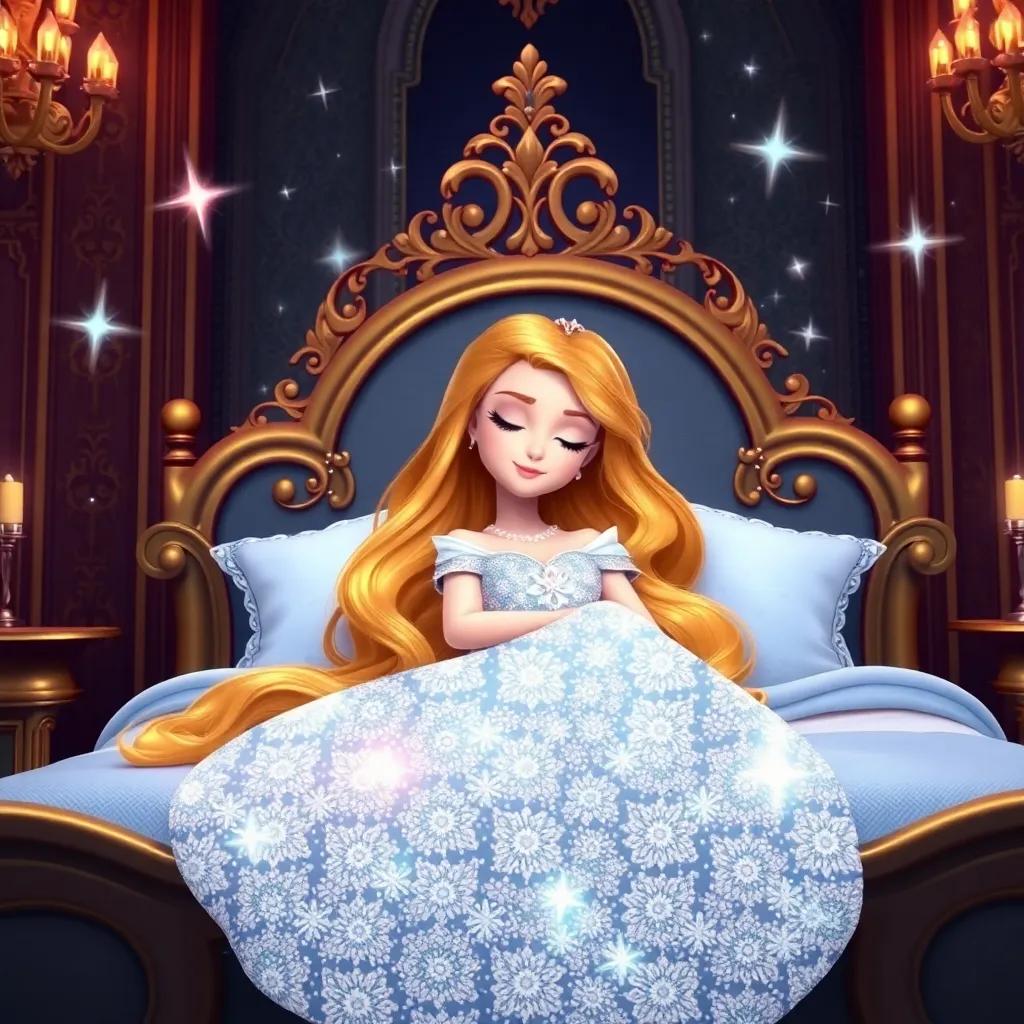 A beautiful princess named Bella, sleeping on a magnificent bed in a grand room, with long golden hair and a sparkling gown, surrounded by twinkling stars, magical, serene light, high quality