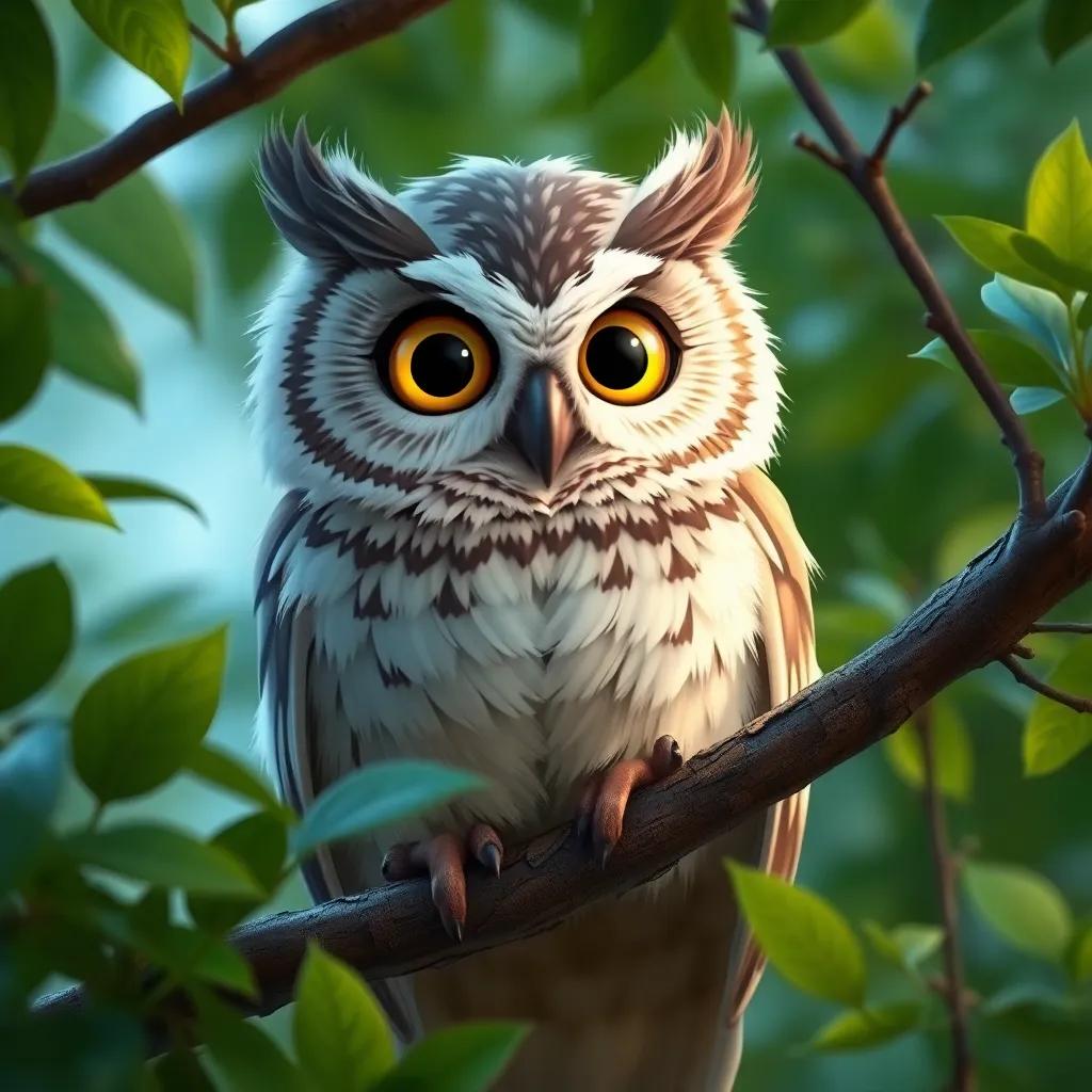 An old wise owl, perched on a branch, looking down at Leo with bright, curious eyes, surrounded by lush green leaves, wise, inviting expression, high quality