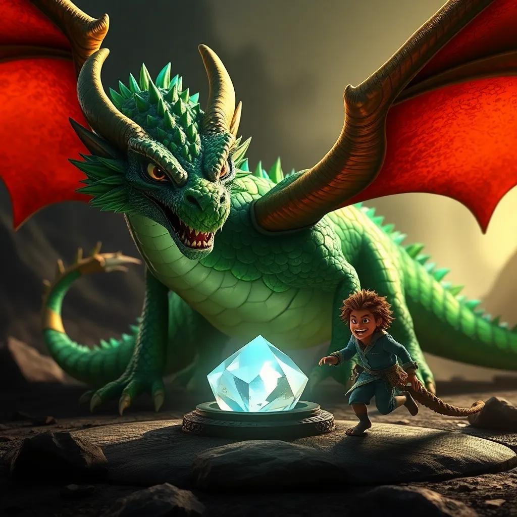 A fierce dragon with emerald scales, standing protectively over a sparkling gem, Leo approaching with determination, dramatic lighting, adventurous atmosphere, high quality