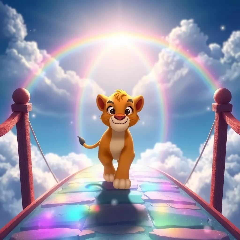 A rainbow bridge shimmering with colors, Leo confidently walking across it with a bold expression, surrounded by clouds and gleaming light, whimsical, magical feeling, high quality