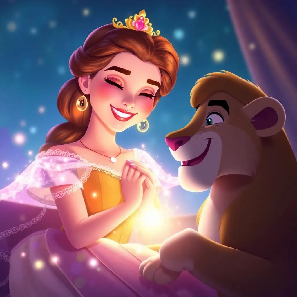 Princess Bella, awakening with a warm smile as magical glow surrounds her, Leo by her side with joy, bright and vibrant light, heartwarming scene, high quality