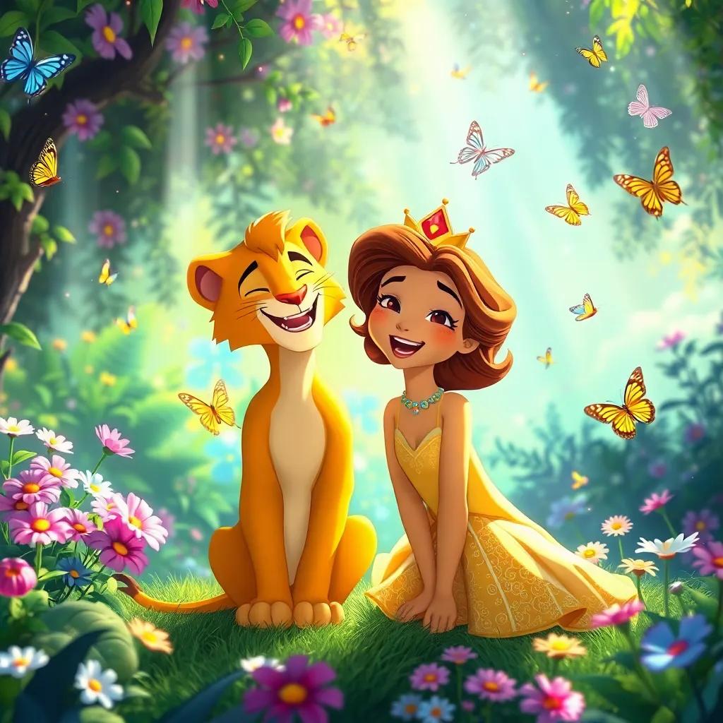 Leo and Princess Bella together in a bright garden, laughing and surrounded by butterflies, sunlight shining down, joyful, enchanting atmosphere, high quality