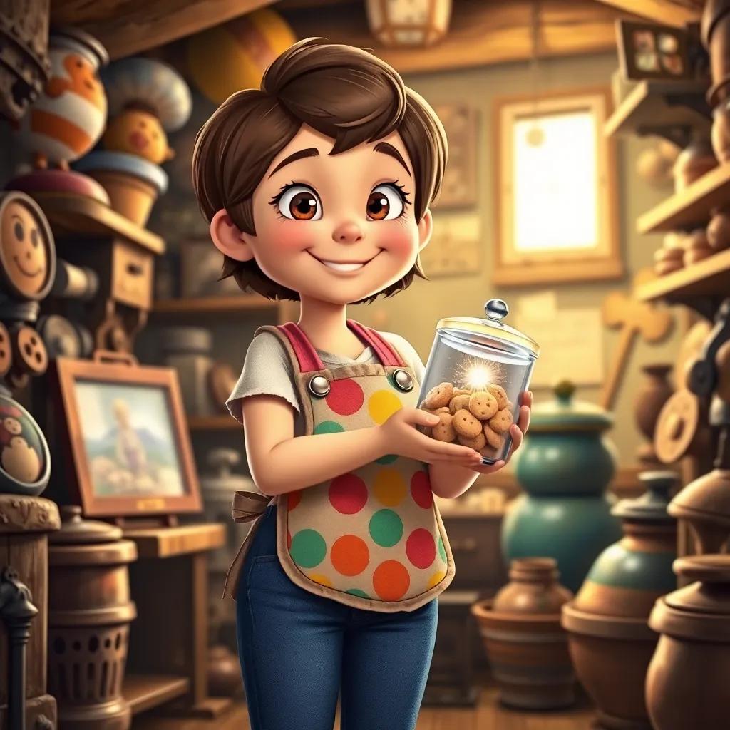 A cheerful girl named Lucy, with short brown hair, wearing a colorful apron and jeans, standing in an attic filled with old treasures, holding a sparkling cookie jar, digital art, warm colors, inviting atmosphere, high quality