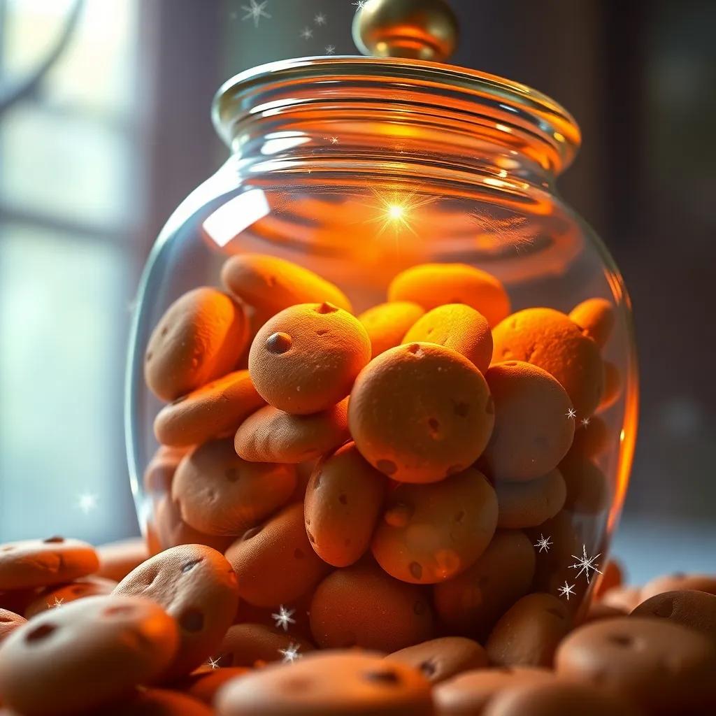 A close-up of the enchanted cookie jar, shiny and shimmering, filled with delicious cookies, light reflecting off it, magical sparkles around it, detailed digital art, whimsical and enchanting