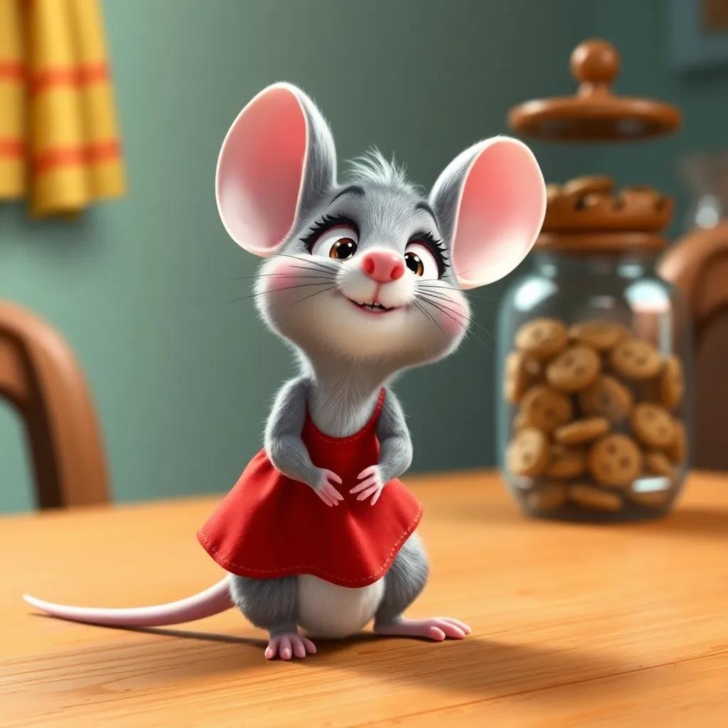 Molly the mouse, a tiny creature with big ears and gray fur, wearing a tiny red dress, excitedly looking up at the cookie jar, sitting on a wooden table, cheerful atmosphere, vibrant colors, high quality