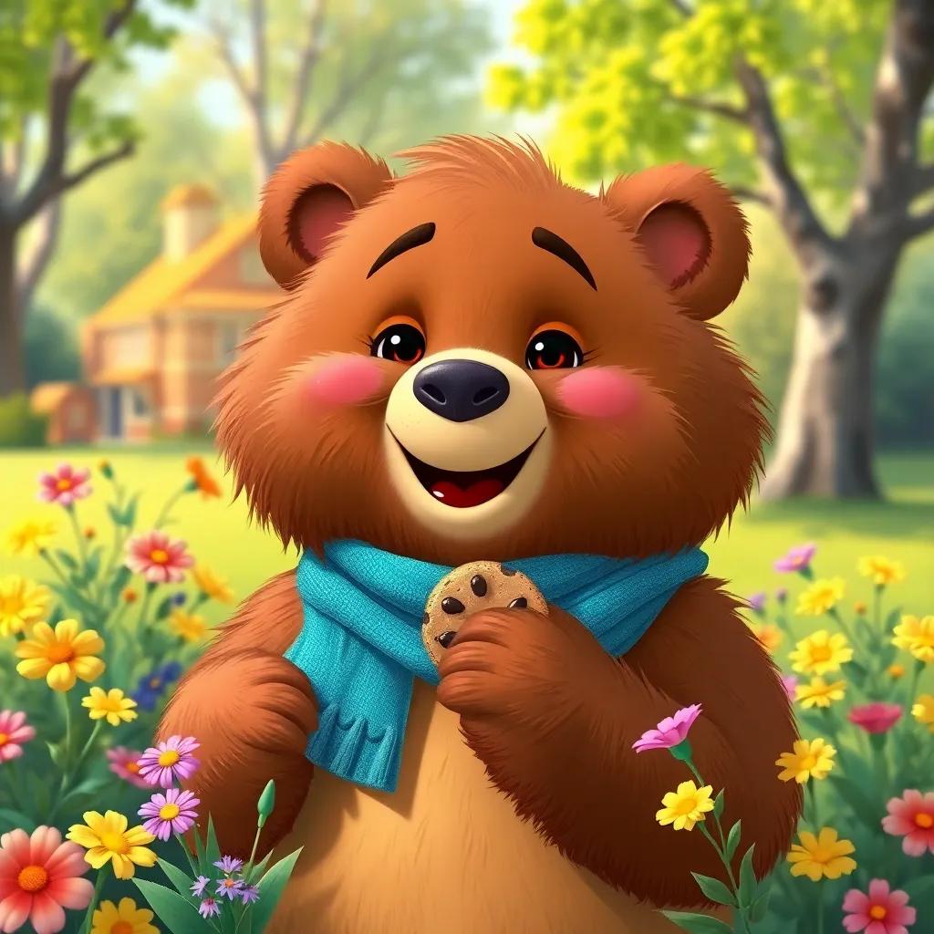 Benny the bear, a big fluffy bear with brown fur, wearing a blue scarf, smiling and holding a cookie happily, surrounded by bright flowers in the park, joyful and friendly environment, detailed illustration, high quality