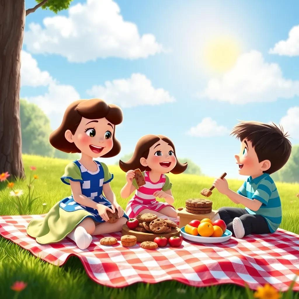 A vibrant picnic scene with Lucy, Molly, and Benny sitting on a checkered blanket under a sunny sky, enjoying a feast of cookies and fruits, happiness and laughter in the air, colorful and lively image, high detail