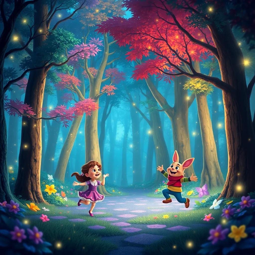 The magical forest filled with colorful trees, twinkling fairy lights, and soft sparkles in the air, with Lucy, Molly, and Benny dancing joyfully, whimsical and enchanting, high quality