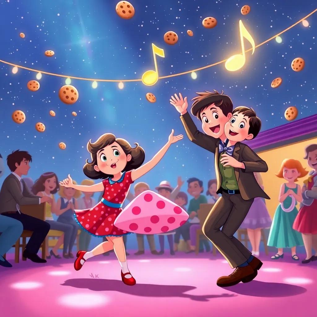 The dance party scene with Lucy, Molly, and Benny dancing under a starry sky, cookies flying around, with a magical music note floating through the air, joyful and magical atmosphere, colorful illustration, high quality