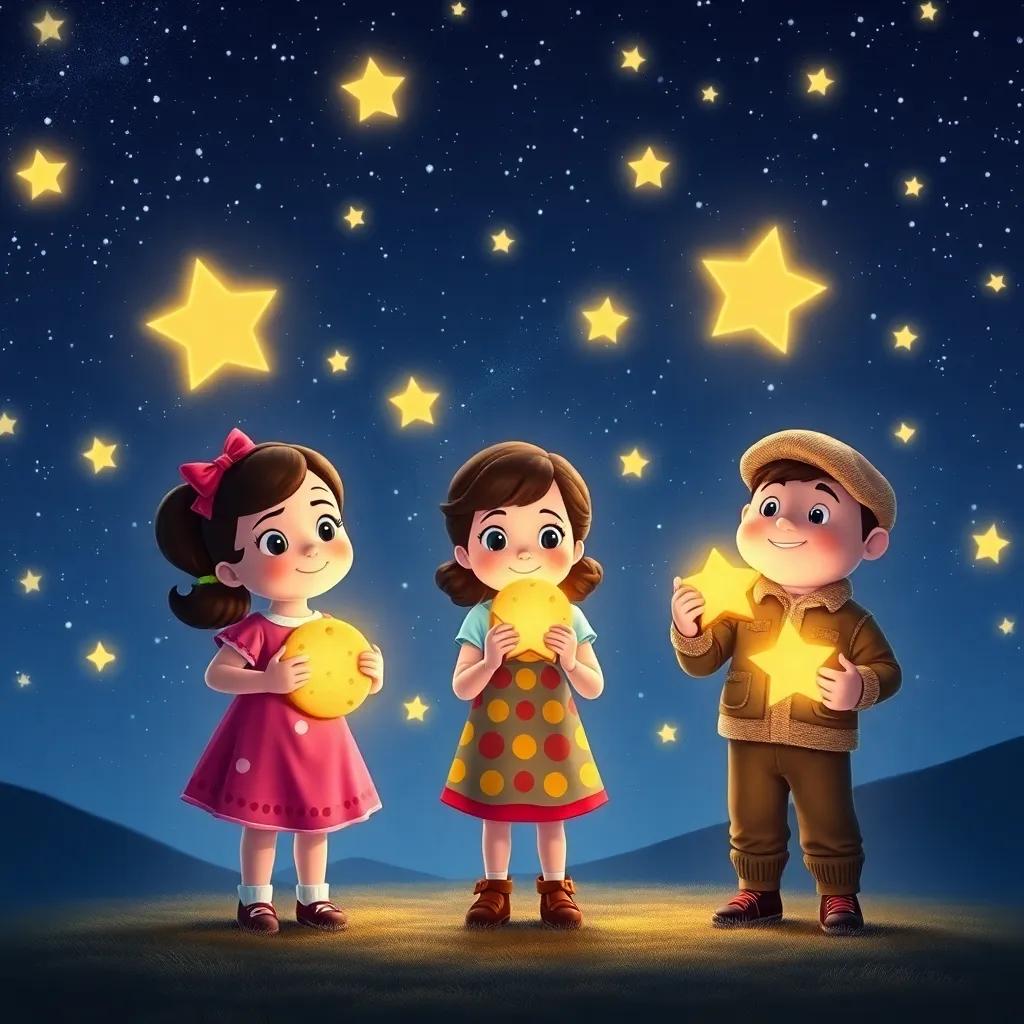 A starlit cookie scene with Lucy, Molly, and Benny holding glowing cookies, standing under twinkling stars, surrounded by a beautiful night sky, enchanting and peaceful, high detail